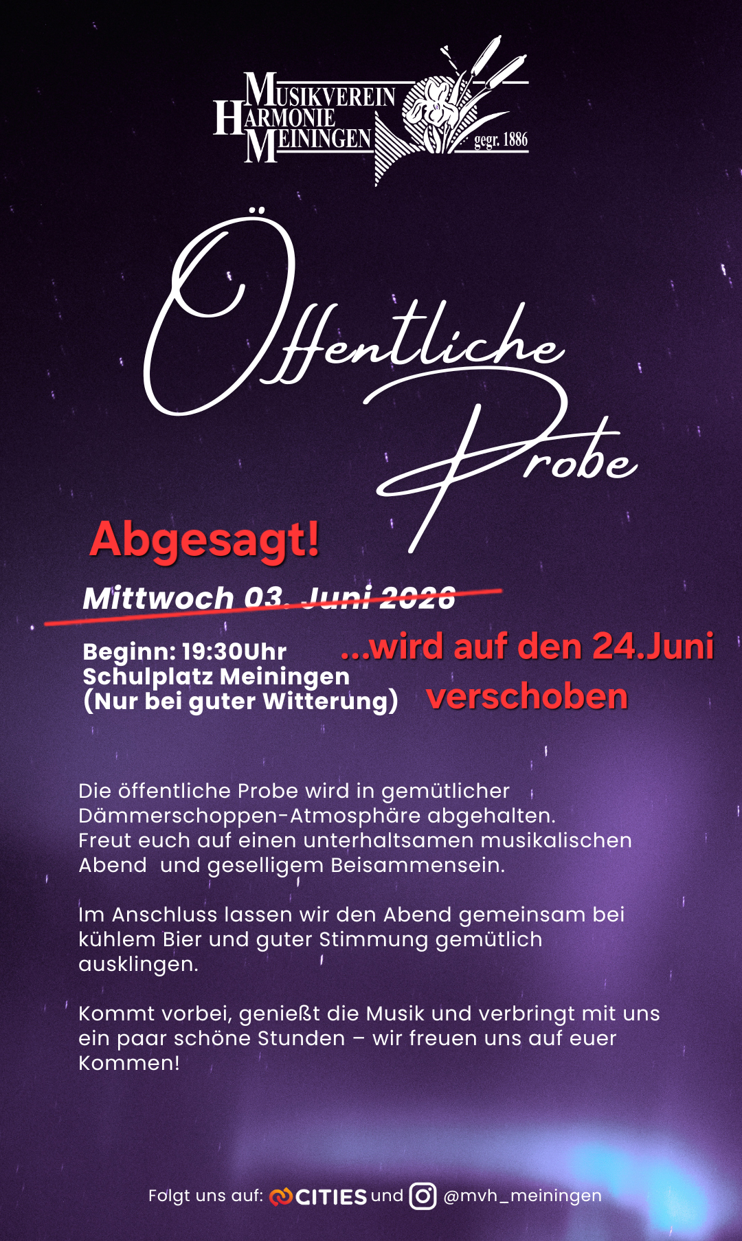 Cancelled public event in Meiningen. Originally scheduled for June 3, 2026, it's rescheduled to June 24 due to weather. The event will feature a cozy evening in a twilight atmosphere. Enjoy a musical evening and a social gathering. End the evening with cool beer and good mood.
