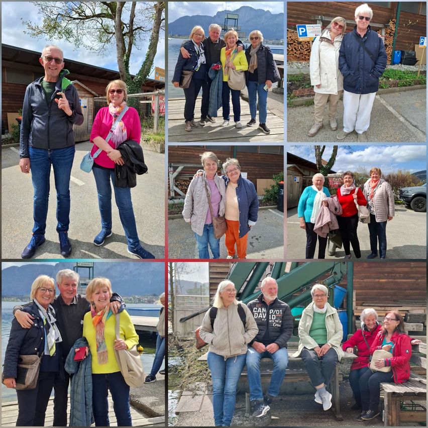 Eine Collage von Menschen in verschiedenen Außenszenen. Einige stehen am See, andere in der Nähe einer Holzstruktur. Sie sind in Winterkleidung gekleidet.