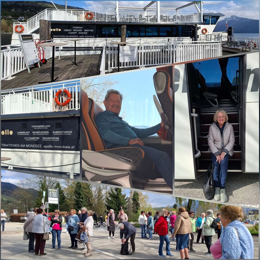 Eine Collage von Bildern zeigt eine Fähre mit Passagieren, einen älteren Mann und eine ältere Frau und eine Gruppe von Menschen, die herumstehen.