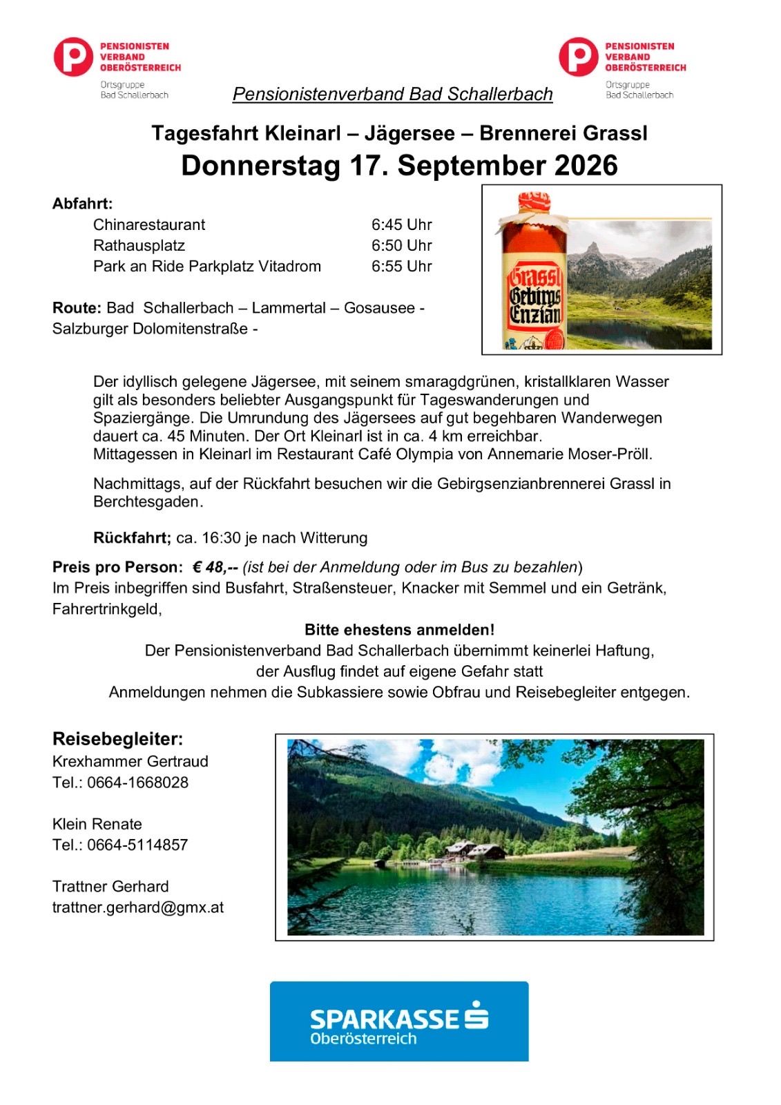 Ein Flyer für eine Tagestour am 17. September 2026, die eine malerische Route durch die bayerischen Alpen beinhaltet, einschließlich eines Stopps in einer Bergschenke, mit Angaben zu Abfahrtszeiten, Preisen und Kontaktinformationen.