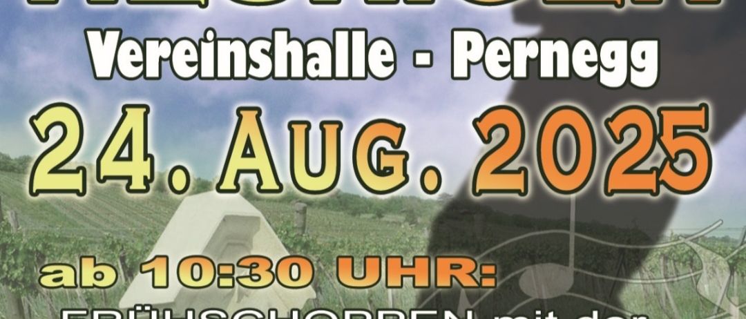 Plakat für das 15. Musiker-Erntefest in Pernegg am 24. August 2025 mit einer Kapelle, einer Gabel und einem Löffel sowie musikalischen Noten.
