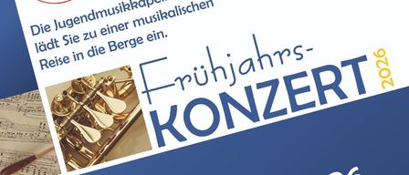 Plakat für ein Frühlingskonzert im Jahr 2026. Zeigt Musikinstrumente, eine ländliche Landschaft und Veranstaltungsdetails. Datum: Samstag, 21. März 2026. Zeit: 19:30 Uhr. Ort: Saaleinlass VS-Pernegg Turnsaal. Freier Eintritt.
