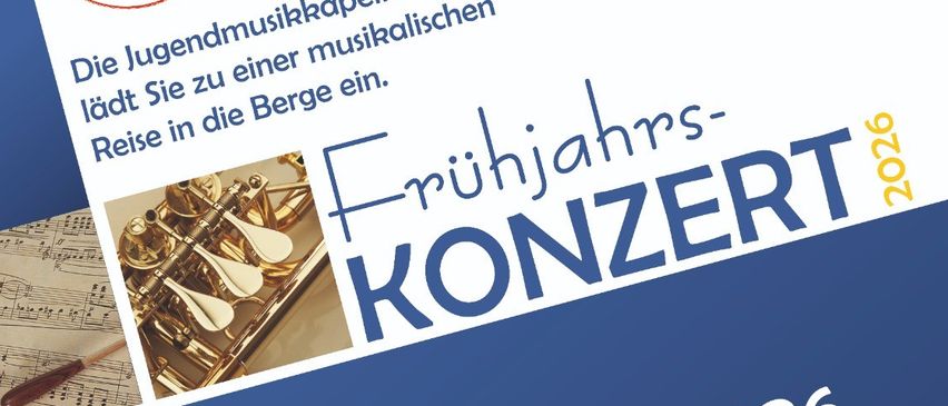 Plakat für ein Frühlingskonzert im Jahr 2026. Zeigt Musikinstrumente, eine ländliche Landschaft und Veranstaltungsdetails. Datum: Samstag, 21. März 2026. Zeit: 19:30 Uhr. Ort: Saaleinlass VS-Pernegg Turnsaal. Freier Eintritt.