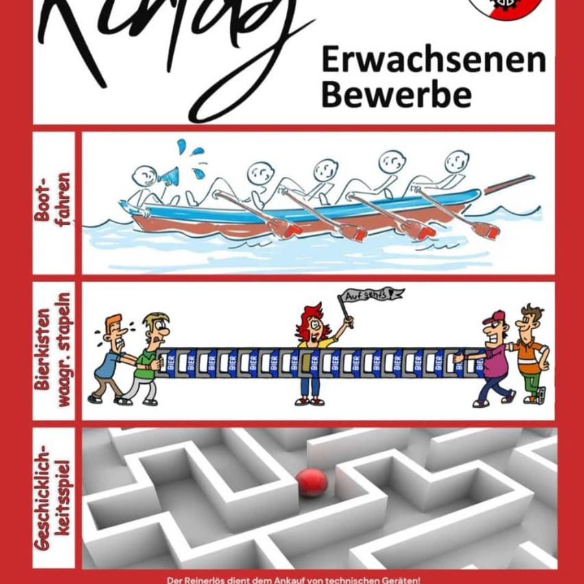 Plakat für erwachsene Arbeitssuchende mit drei thematischen Illustrationen: Rudern, Leiter und Labyrinth. Das Plakat hat einen roten Rand und einen Slogan oben.