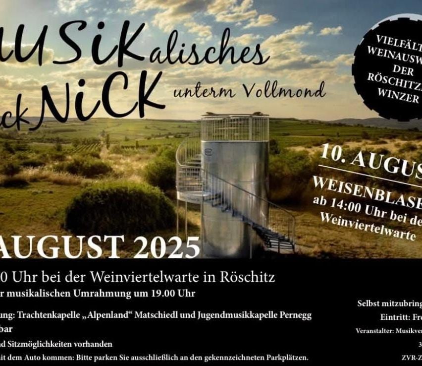 Werbeplakat für ein Musikevent von SiK, geplant für den 10. August 2025 im Weinkeller in Röschitz. Zeigt ein malerisches Bild einer grünen Landschaft mit einer Wendeltreppe.