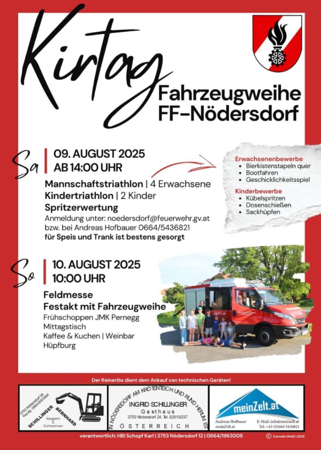 Veranstaltungsposter für die Fahrzeugmesse in Nödersdor am 9. August 2025. Aktivitäten umfassen Erwachsenen- und Kindertriathlons, Bierverkostung und Anmeldeinformationen. Am 10. August gibt es eine Feldmesse mit Frühstück, Kuchen und Weinbar.