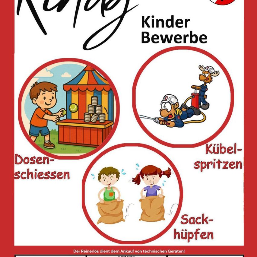 Das Bild zeigt Illustrationen von Kindern, die verschiedene Aktivitäten ausführen. Ein Kind wirft Bälle auf ein Jahrmarktspiel, ein anderes löscht ein Feuer, ein Kind hält einen Sack und ein Mädchen hält einen Sack mit Bohnen. Unter jeder Illustration stehen deutsche Wörter. Unten gibt es einen roten Rand und Text auf Deutsch.