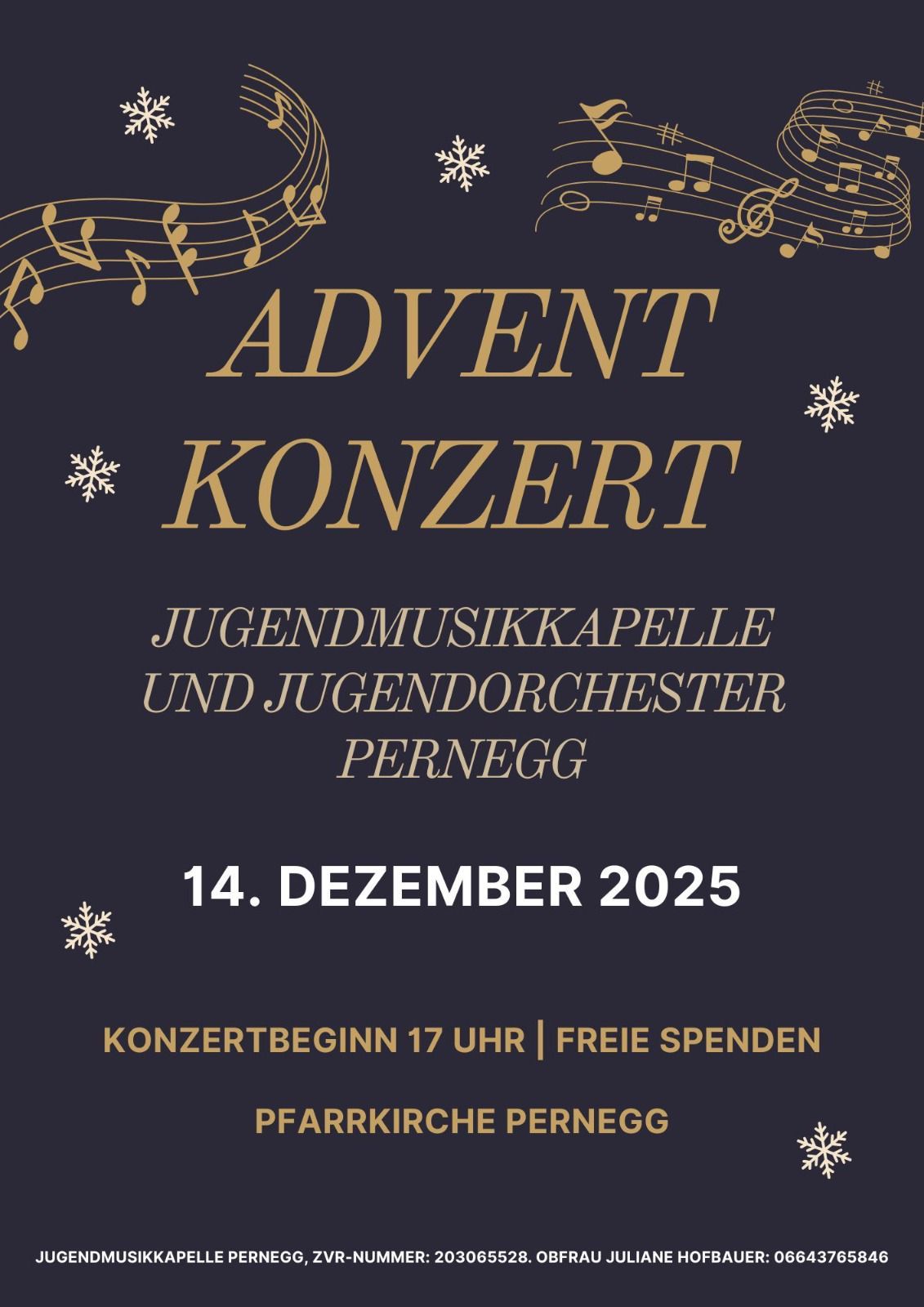Ein Plakat für ein Adventkonzert der Jugendmusikkapelle und des Jugendorchesters von Pernegg am 14. Dezember 2025. Das Konzert beginnt um 17 Uhr mit freiem Eintritt.