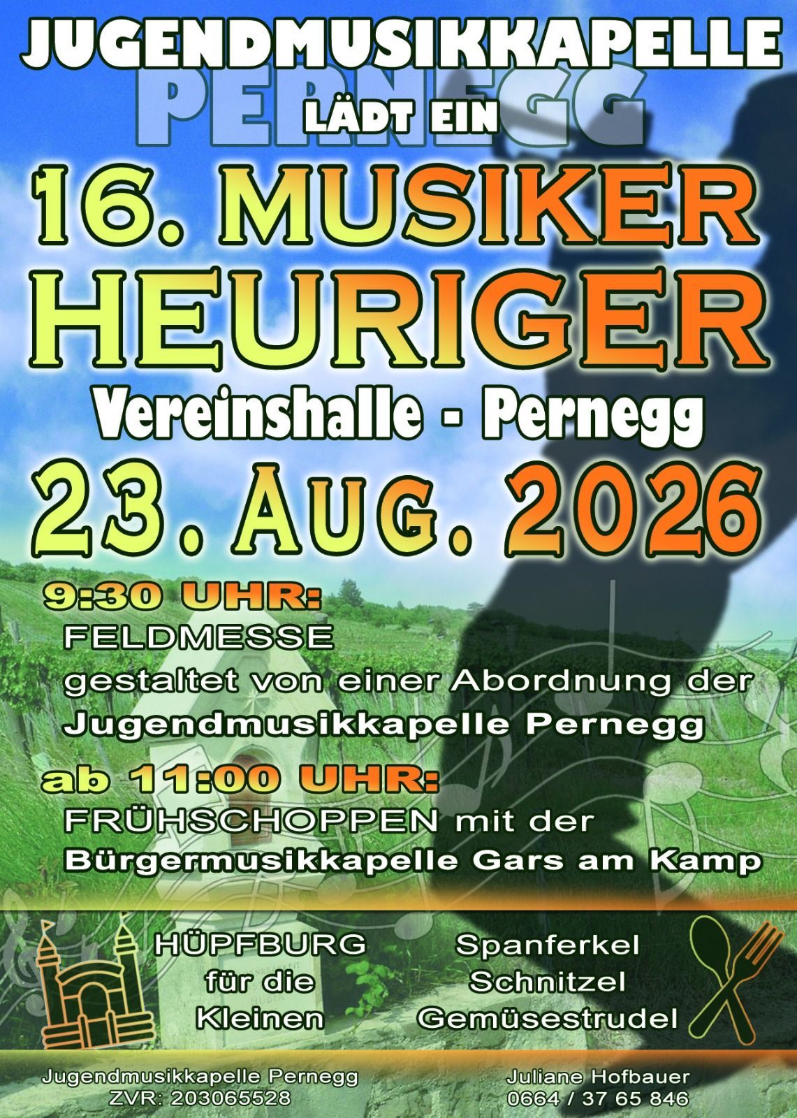 Poster for the 16th Musician's Harvest in Pernegg, Austria, scheduled for August 23, 2026. The event includes a field mass at 9:30 AM and breakfast with the Gars am Kamp municipal music band starting at 11:00 AM.