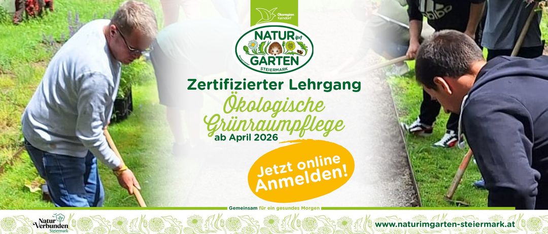 Plakat für einen zertifizierten Lehrgang zu ökologischer Gartenpflege ab April 2026. Jetzt online anmelden! Gemeinsam für einen gesunden Morgen.