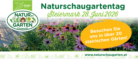 Ein Plakat bewirbt Naturschaugärten in der Steiermark, Österreich, am 28. Juni 2026. Es zeigt eine farbenfrohe Darstellung von purpurfarbenen Sonnenhüten, grünen Blättern und einem Igel-Logo.