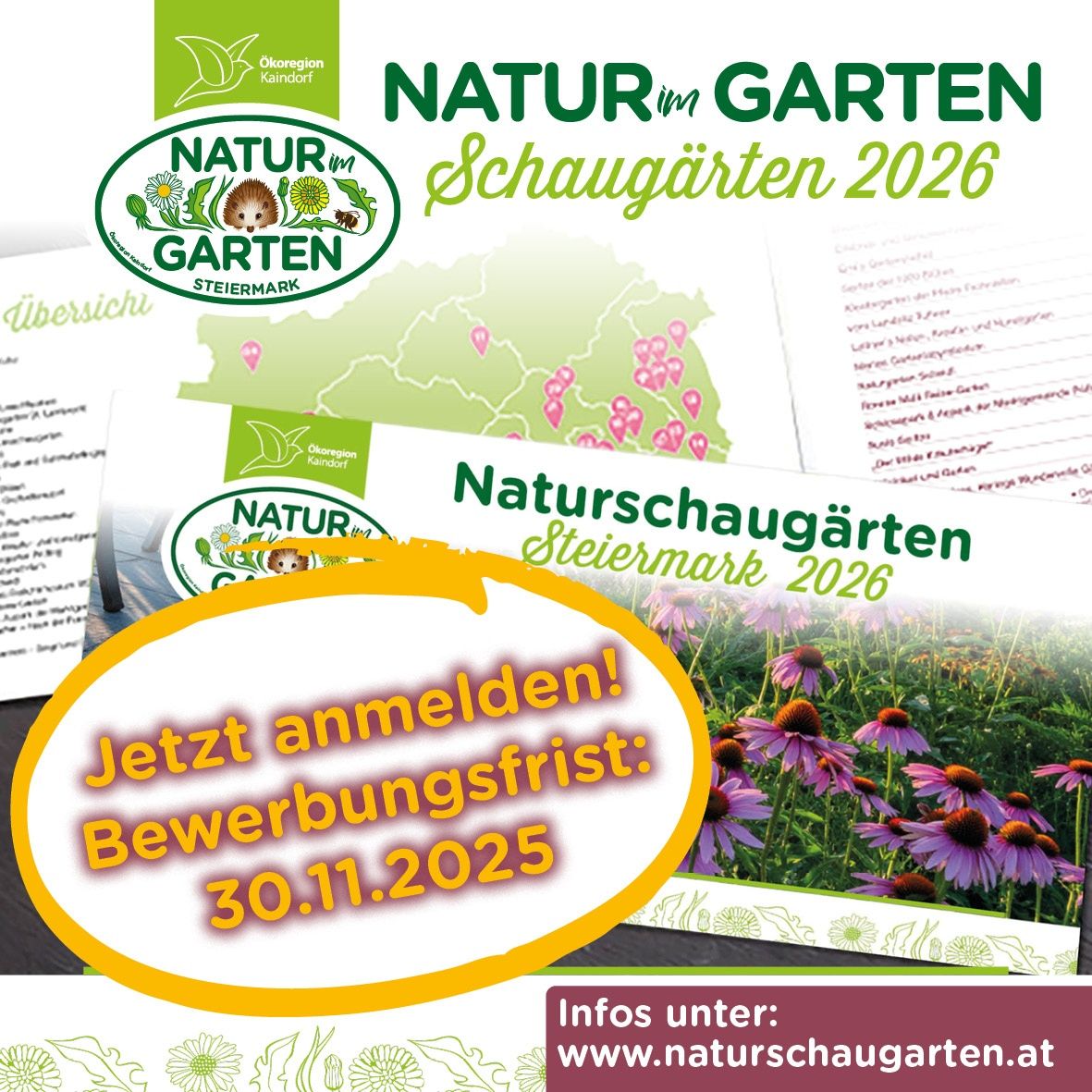 A poster for Nature in the Garden. It displays a garden with flowers and plants. A registration deadline is mentioned. It ends on November 30, 2025.
