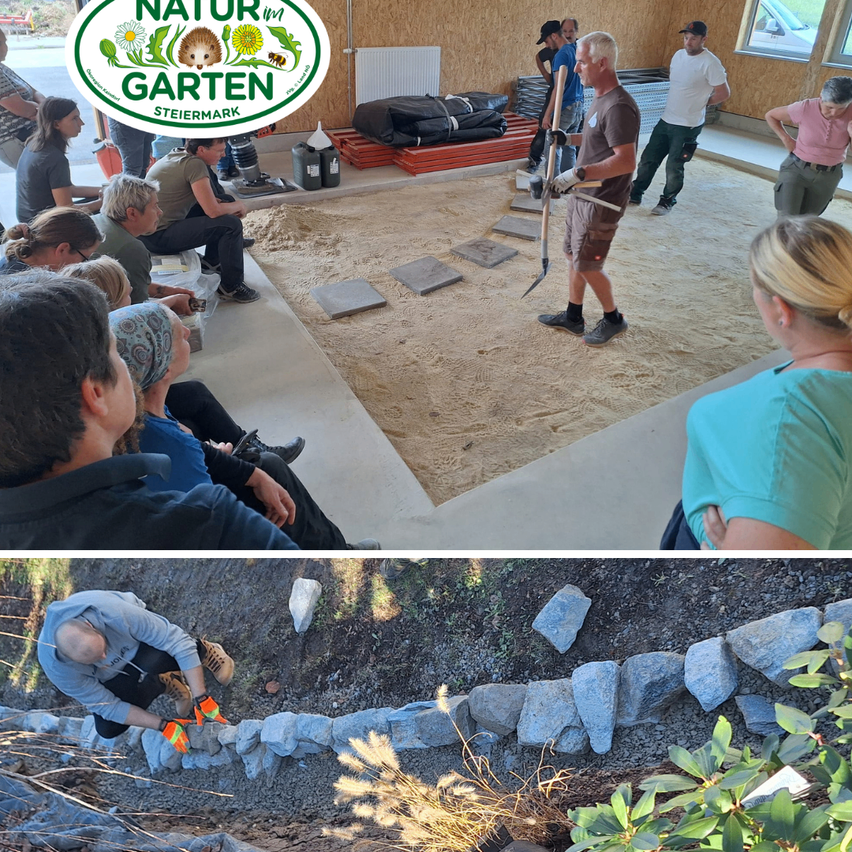 Zwei Bilder zeigen eine Gartenwerkstatt. Ein Bild zeigt einen Mann, der mit einer Schaufel gräbt, während andere zusehen. Das andere Bild zeigt einen Mann, der an einer Steinmauer arbeitet.