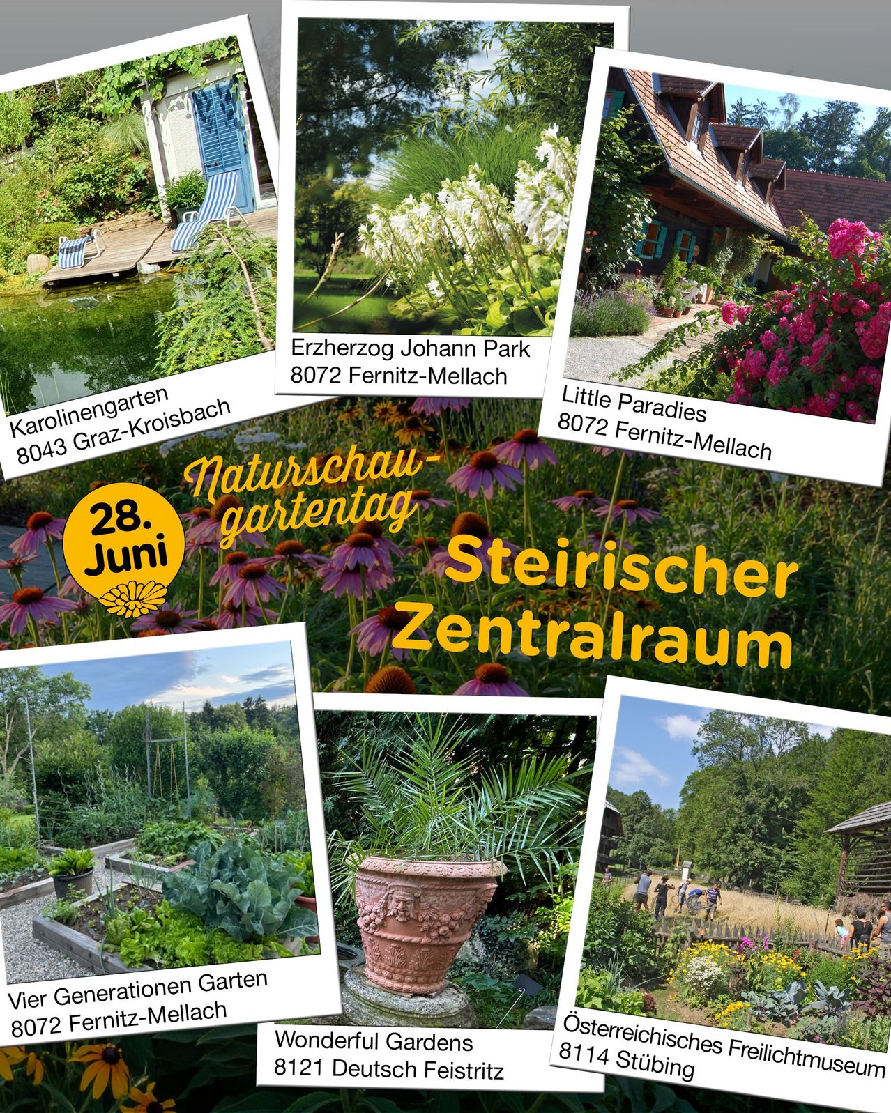 A collage of garden images with text for a garden show. The first image shows a pond with a house, the second shows white flowers, the third shows a house with pink flowers, and the fourth shows a garden with diverse plants.