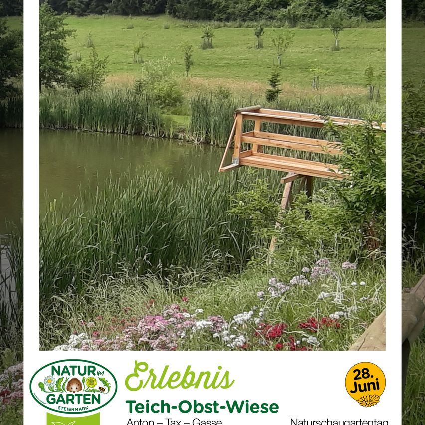 Ein ruhiger Teich wird von einer Holzbank und üppiger Vegetation gesäumt. Blumen in verschiedenen Farben schmücken die Landschaft, und ein Feld ist im Hintergrund sichtbar. Das Bild enthält auch Logos und Text.