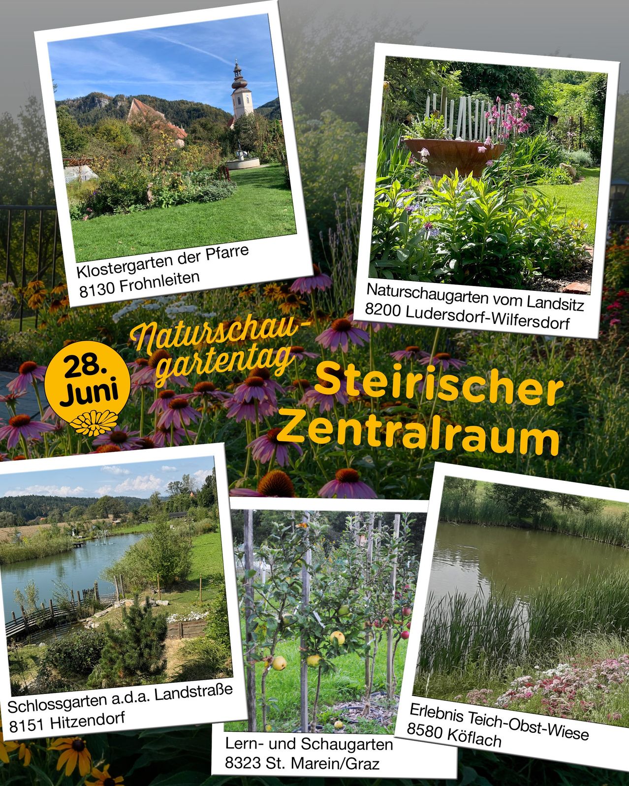 Plakat für den Naturschaugartentag der Steiermark am 28. Juni. Es zeigt verschiedene Gärten, darunter ein Klostergarten, einen Naturschaugarten und einen Schlossgarten.