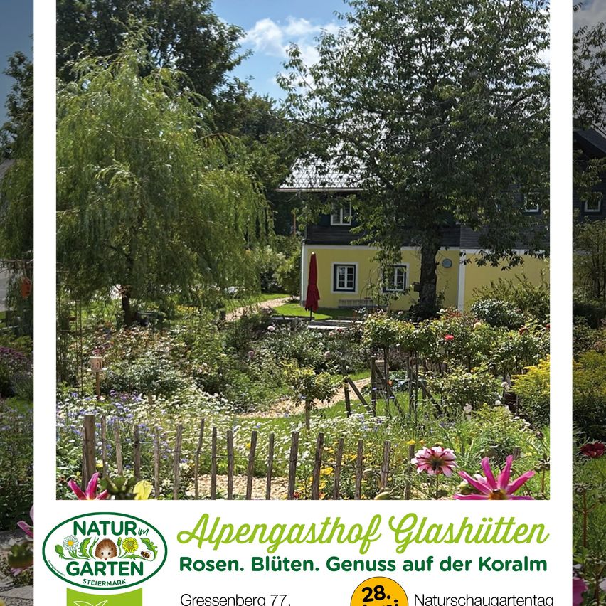 A garden with vibrant flowers and a house in the background. The garden is filled with various plants and flowers. The house has a yellow wall and a red umbrella in front. The garden is surrounded by a wooden fence.
