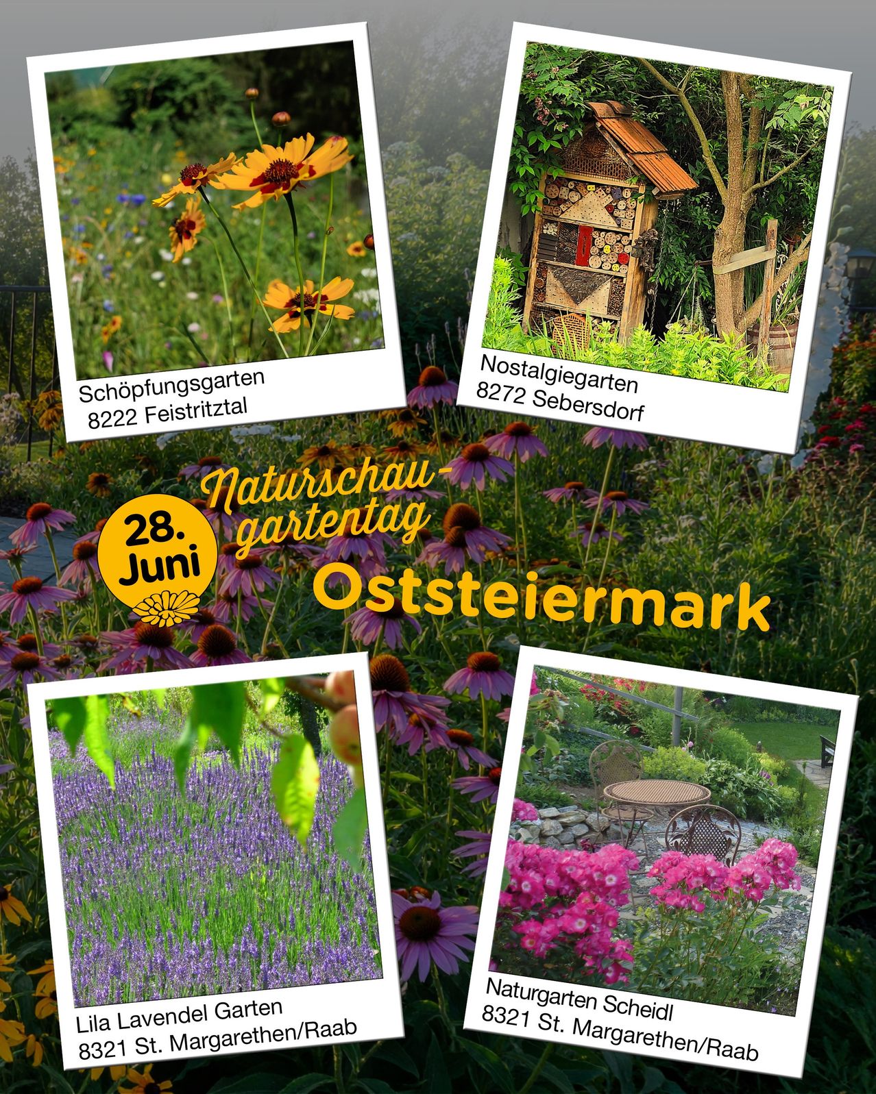 A collage of images features a vibrant garden with various flowers and a wooden bee house. The images highlight gardens in Feistritztal, Sebersdorf, and an unidentified location. The date 28. June and the region Oststeiermark are also visible.