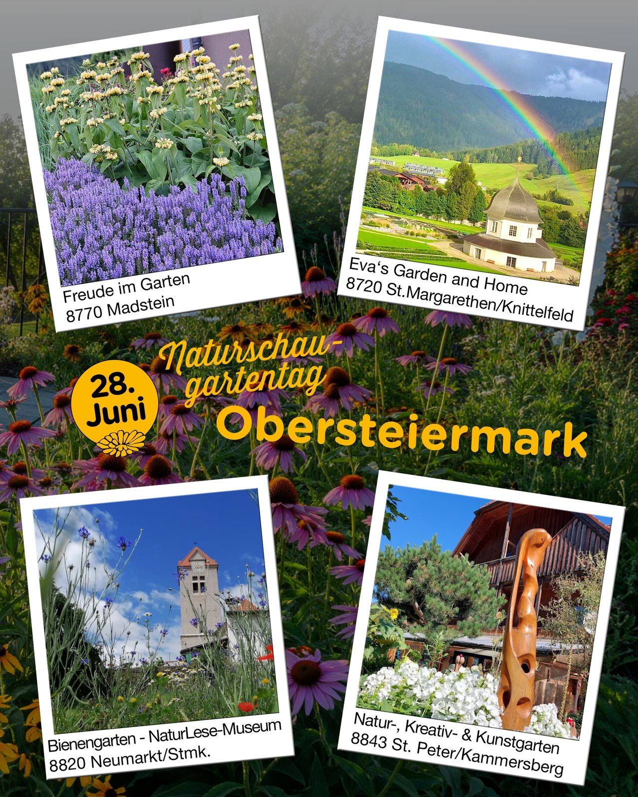 Garden showcase event in Obersteimark on June 28th. Photos include colorful flowers, a rainbow, and a traditional house. Addresses and names of the gardens are provided.