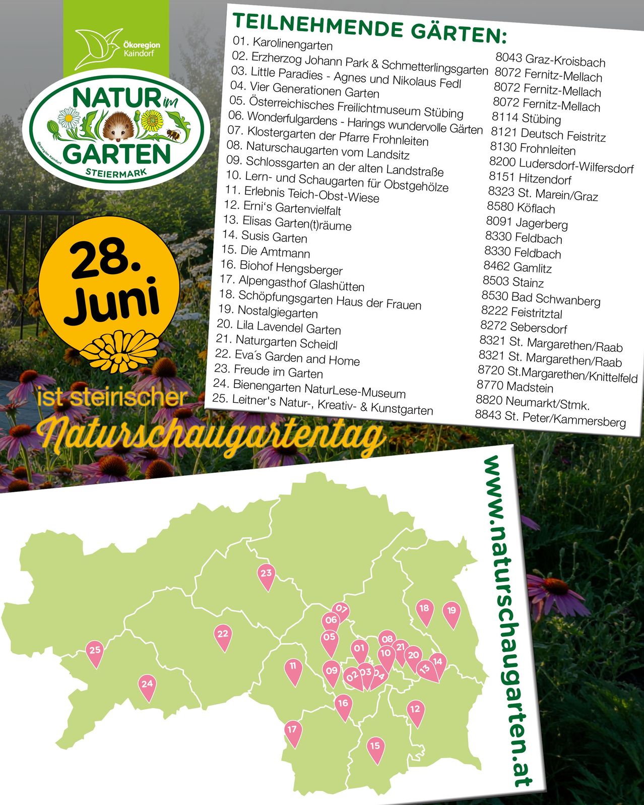 Flyer for Styrian Nature Garden Day on June 28. It features a list of 25 gardens with addresses and a map with marked locations.