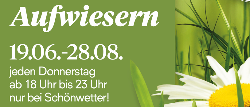 Werbung für einen wöchentlichen Markt in Südsteiermark. Termine: 19. Juni bis 28. August, jeden Donnerstag von 18 Uhr bis 23 Uhr, freier Eintritt. Website: www.aufwiesern.at. Mit Wein, Essen und Live-Musik. Hashtags: #visitsudesteiermark #aufwiesern.