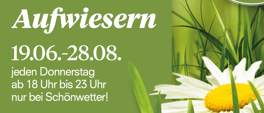 Südsteiermark veranstaltet vom 19.06. bis 28.08. das Aufwiesen. Es findet jeden Donnerstag von 18 Uhr bis 23 Uhr statt. Der Eintritt ist frei. Die Webseite ist www.aufwiesen.at.