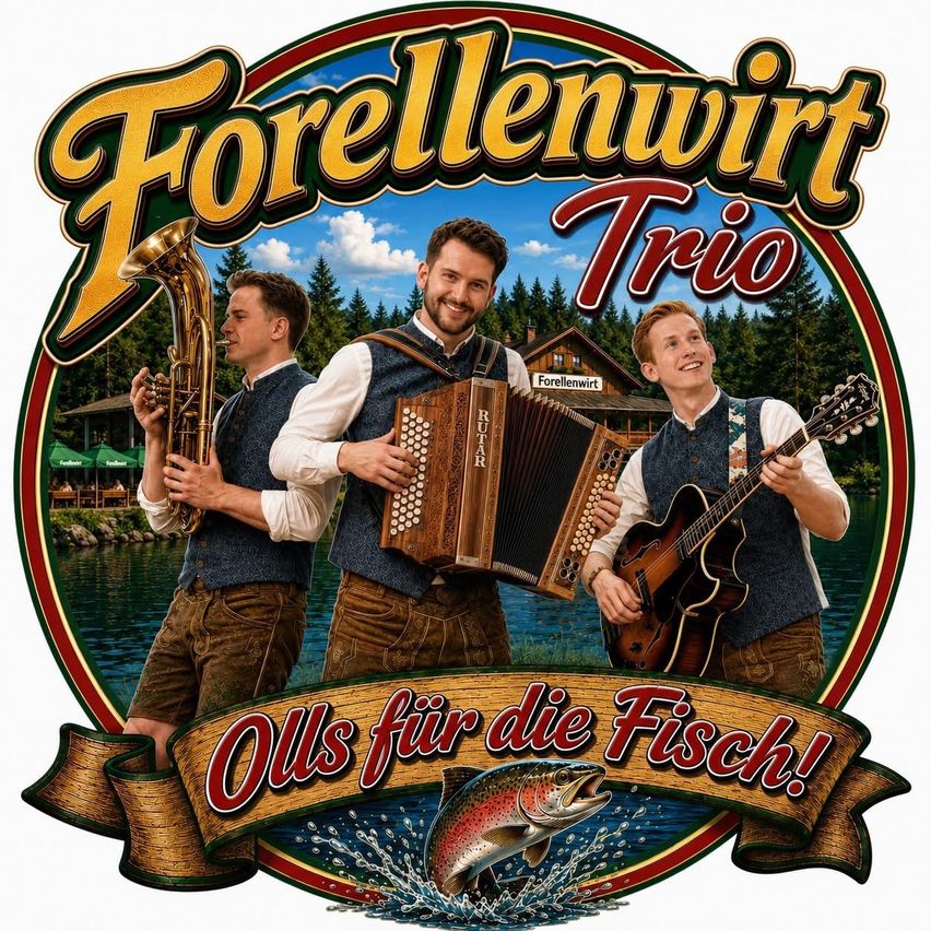 Forellenwirt Trio spielt Musik mit Ziehharmonika, Gitarre und Tuba am See