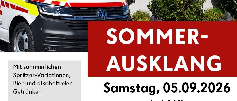 Ein Krankenwagen steht vor einem weißen Gebäude mit Fenstern. Der Krankenwagen hat ein rotes Kreuz auf der Seite und einen roten und weißen Streifen auf der Vorderseite. Der Text auf dem Krankenwagen lautet 'Sommer-Ausklang' und das Datum '05.09.2026'. Es gibt ein rotes Banner mit weißem Text, das 'Rotkreuz-Ortsstelle Wiesmath' lautet.