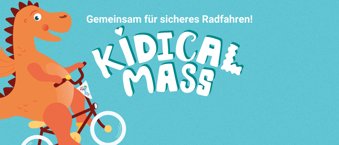 Ein Werbeposter mit einem Fahrrad und einem Fahrer, mit dem Text 'Gemeinsam für sicheres Radfahren!' und 'KIDICA MASS' in fetten, weißen Buchstaben auf türkisfarbenem Hintergrund.