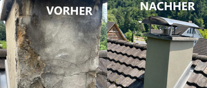 Zwei Bilder zeigen einen Schornstein vor und nach der Renovierung. Das erste Bild zeigt einen beschädigten Schornstein mit sichtbaren Rissen. Das zweite Bild zeigt einen renovierten Schornstein mit Metallabdeckung.