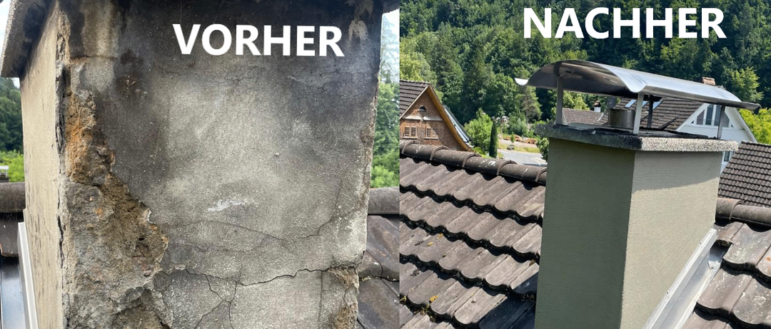 Zwei Bilder zeigen einen Schornstein vor und nach der Renovierung. Das erste Bild zeigt einen beschädigten Schornstein mit sichtbaren Rissen. Das zweite Bild zeigt einen renovierten Schornstein mit Metallabdeckung.