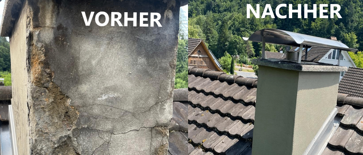 Zwei Bilder zeigen einen Schornstein vor und nach der Renovierung. Das erste Bild zeigt einen beschädigten Schornstein mit sichtbaren Rissen. Das zweite Bild zeigt einen renovierten Schornstein mit Metallabdeckung.