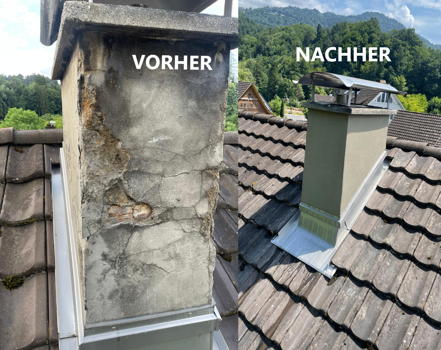 Zwei Bilder eines Schornsteins vor und nach der Reparatur. Das erste zeigt einen beschädigten, schmutzigen Schornstein. Das zweite zeigt einen sauberen, reparierten Schornstein.