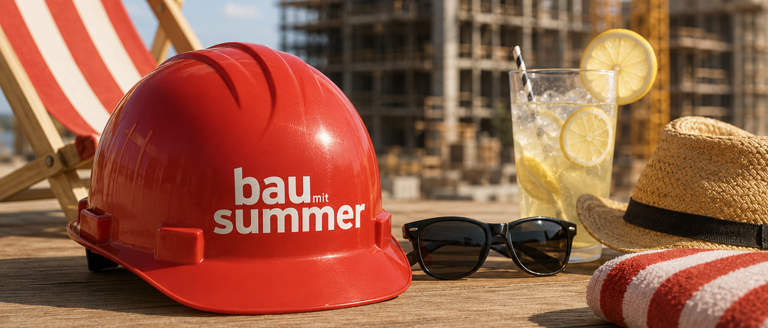 Ein roter Schutzhelm mit den Worten 'bau mit summer' steht auf einem Tisch mit einem Glas Limonade, einer Sonnenbrille und einem Strohhut. Im Hintergrund befindet sich eine Baustelle mit einem Kran.