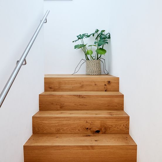 Eine Holztreppe mit einer weißen Wand und einem Metallhandlauf. Eine Topfpflanze steht auf der mittleren Stufe.