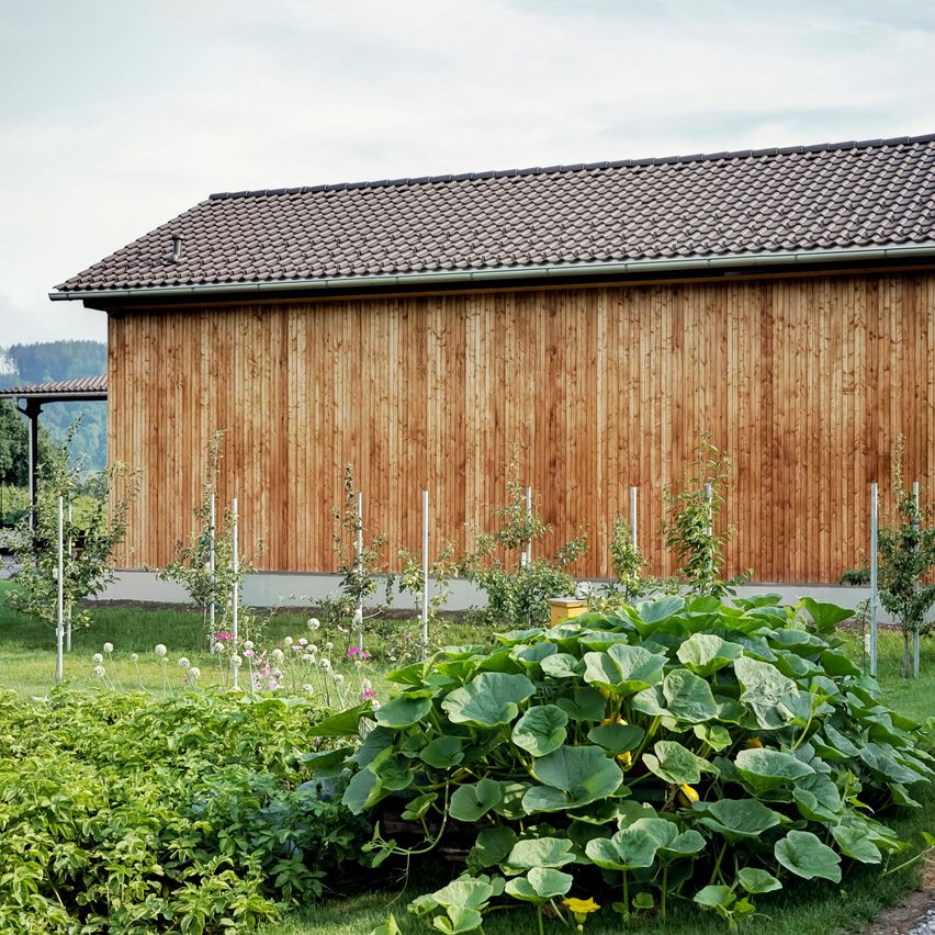 Ein Holzhaus mit einem Ziegeldach steht in einem Garten, umgeben von Pflanzen und Gemüse, unter einem bewölkten Himmel.