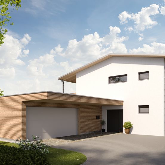 Ein modernes, weißes Haus mit einem flachen Dach und einer hölzernen Garagentür. Die Einfahrt ist leer, und es gibt eine kleine Pflanze in der Nähe des Eingangs.