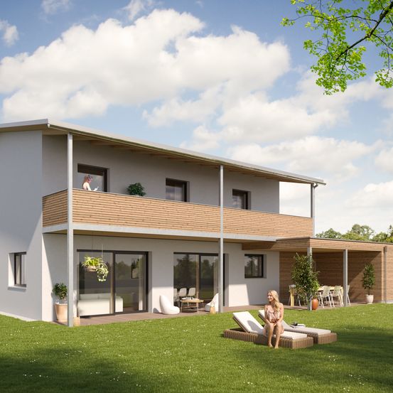 Eine künstlerische Darstellung eines modernen zweistöckigen Hauses mit Balkon, Garten und Terrassenbereich. Eine Frau sitzt auf einer Liege.