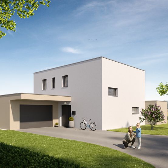 Eine künstlerische Darstellung eines modernen weißen Hauses mit Garage, Fahrrad und einer Familie davor.