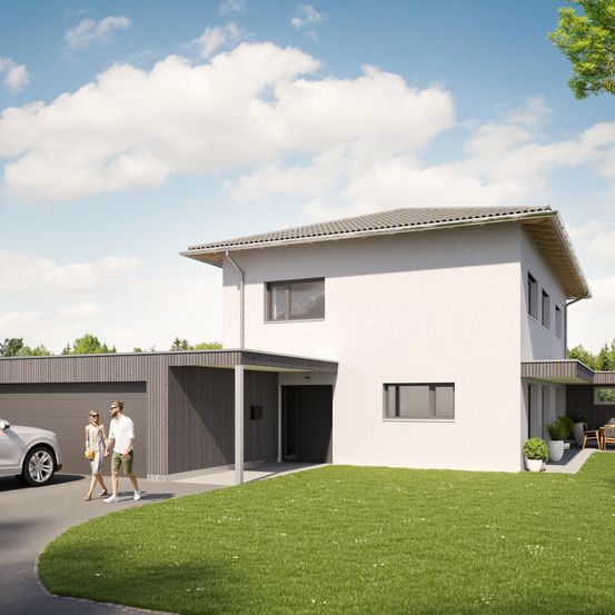 Eine architektonische Darstellung eines modernen, zweistöckigen Hauses mit Garage und Rasen. Ein Paar geht in der Nähe der Einfahrt.