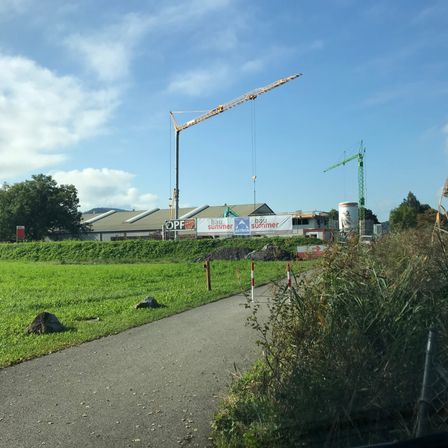 Baustelle mit einem hohen Kran, einem im Bau befindlichen Gebäude und einem großen Banner, das eine Sommerveranstaltung bewirbt. Das Gelände ist von viel Grün und einem klaren blauen Himmel umgeben.