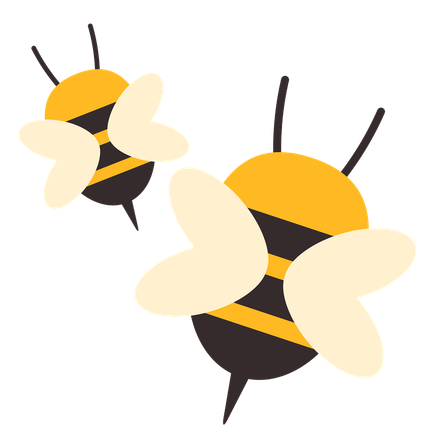 Zwei Cartoon-Bienen auf schwarzem Hintergrund, eine fliegt über der anderen, beide mit weißen Flügeln und gelb-schwarz gestreiften Körpern.