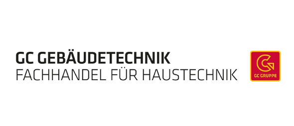 Das Bild zeigt ein Logo für GC Gebaudtechnik, einen Spezialisten für Haustechnik, mit einem roten Quadrat, einem 'G' Symbol und dem Text 'GC GRUPPE'.