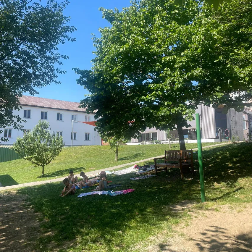 Eine Gruppe von Kindern sitzt auf dem Rasen in einem Park. Sie sind in der Nähe eines Baumes und einer Bank. Im Hintergrund befindet sich ein weißes Gebäude mit mehreren Fenstern und einem Zaun.
