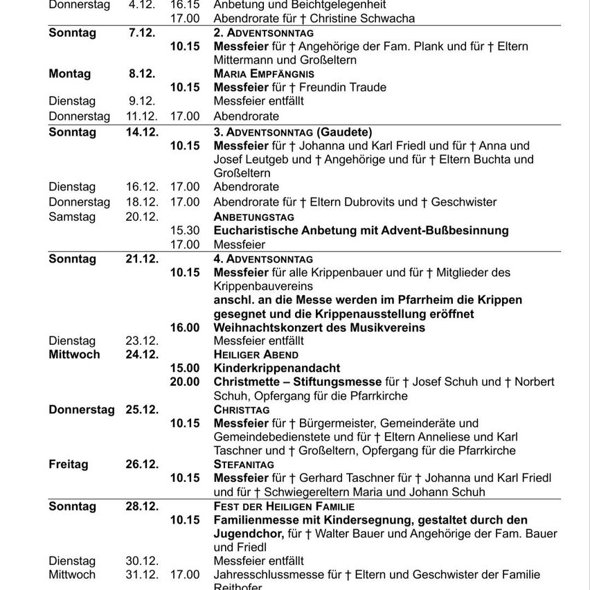 Ein Zeitplan für religiöse Dienste umfasst Messen, Beichten und Familienveranstaltungen. Die Termine reichen vom 4. bis 31. Dezember. Veranstaltungen beinhalten Messen, Beichten und Familientreffen.