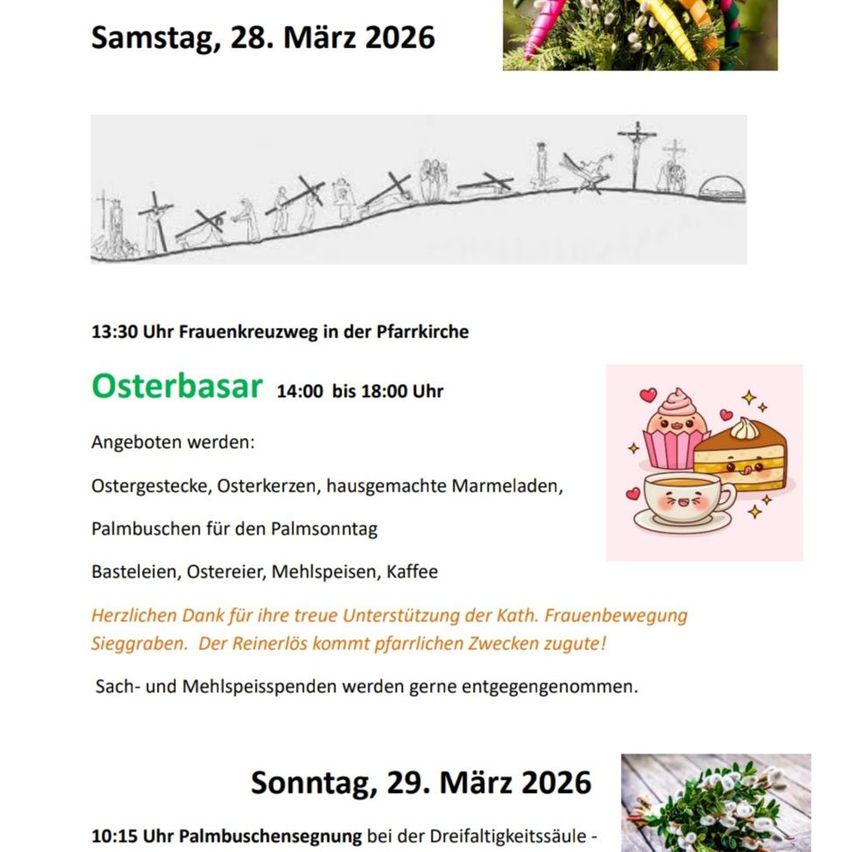 Plakat für den Palmsonntagsprozession am 28. März 2026 und Ostermarkt am 29. März 2026. Beinhaltet Details zu Zeiten, Aktivitäten und Verkaufsartikeln.