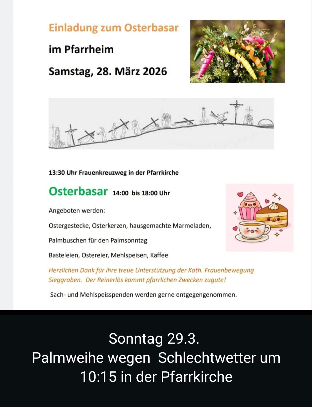 Postkarte mit Veranstaltungsdetails: Palmsonntagsprozession um 13:30 Uhr, Osterbasar von 14:00 bis 18:00 Uhr, Angebot von hausgemachten Osterkuchen, Palmbuschen und Kaffee. Spenden werden gerne entgegengenommen.
