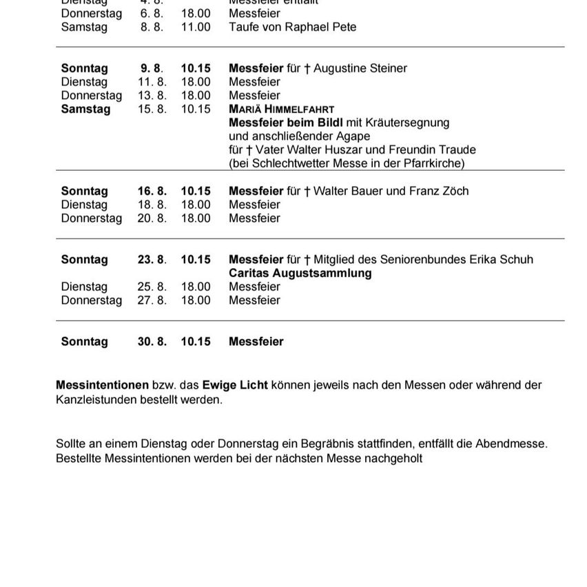 Eine Tabelle mit dem wöchentlichen Messplan, die Daten, Zeiten und Beschreibungen enthält. Der Zeitplan enthält Details wie den Namen des Zelebranten und besondere Ereignisse.