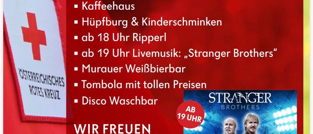 Plakat für eine Veranstaltung im Roten Kreuz Bischofshofen am 25. Juli 2026. Zeigt einen Zeitplan mit Aktivitäten, einschließlich Essen, Musik und Spielen. Zwei Männer sind abgebildet mit dem Veranstaltungsnamen 'Stranger Brothers'.