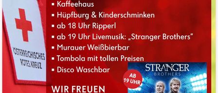 Poster for an event at Rotes Kreuz Bischofshofen on July 25, 2026. Features a schedule of activities, including food, music, and games. Two men are pictured with the event name 'Stranger Brothers'.